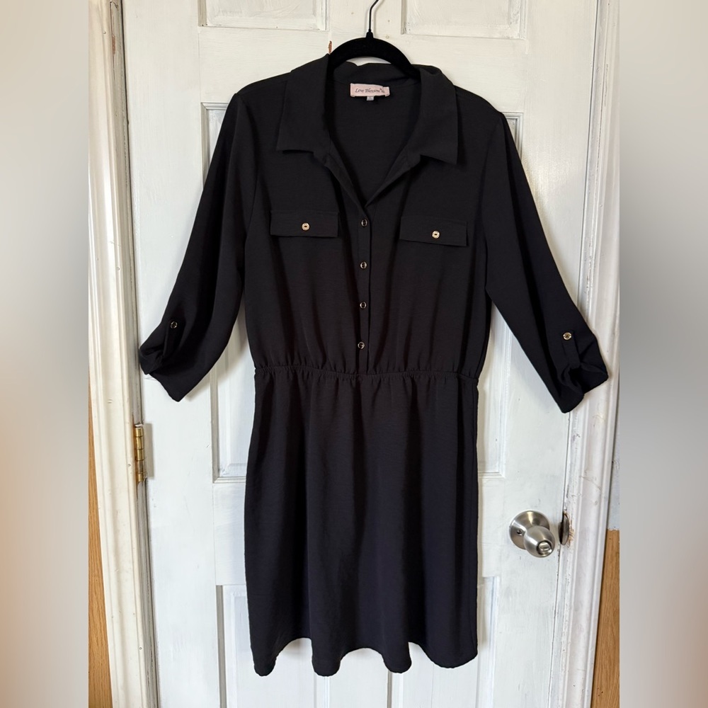 Black Notched Collar Long Sleeve Shirt Dress